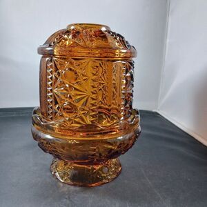 Vintage Indiana Glass Amber Two-Piece Fairy Lamp W/Embossed Starburst Pattern